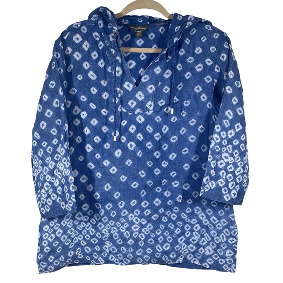 Tommy Bahama Tops - Tommy Bahama 100% Linen Hoodie Womens M Blue Batik Geometric Tunic Resort Beach